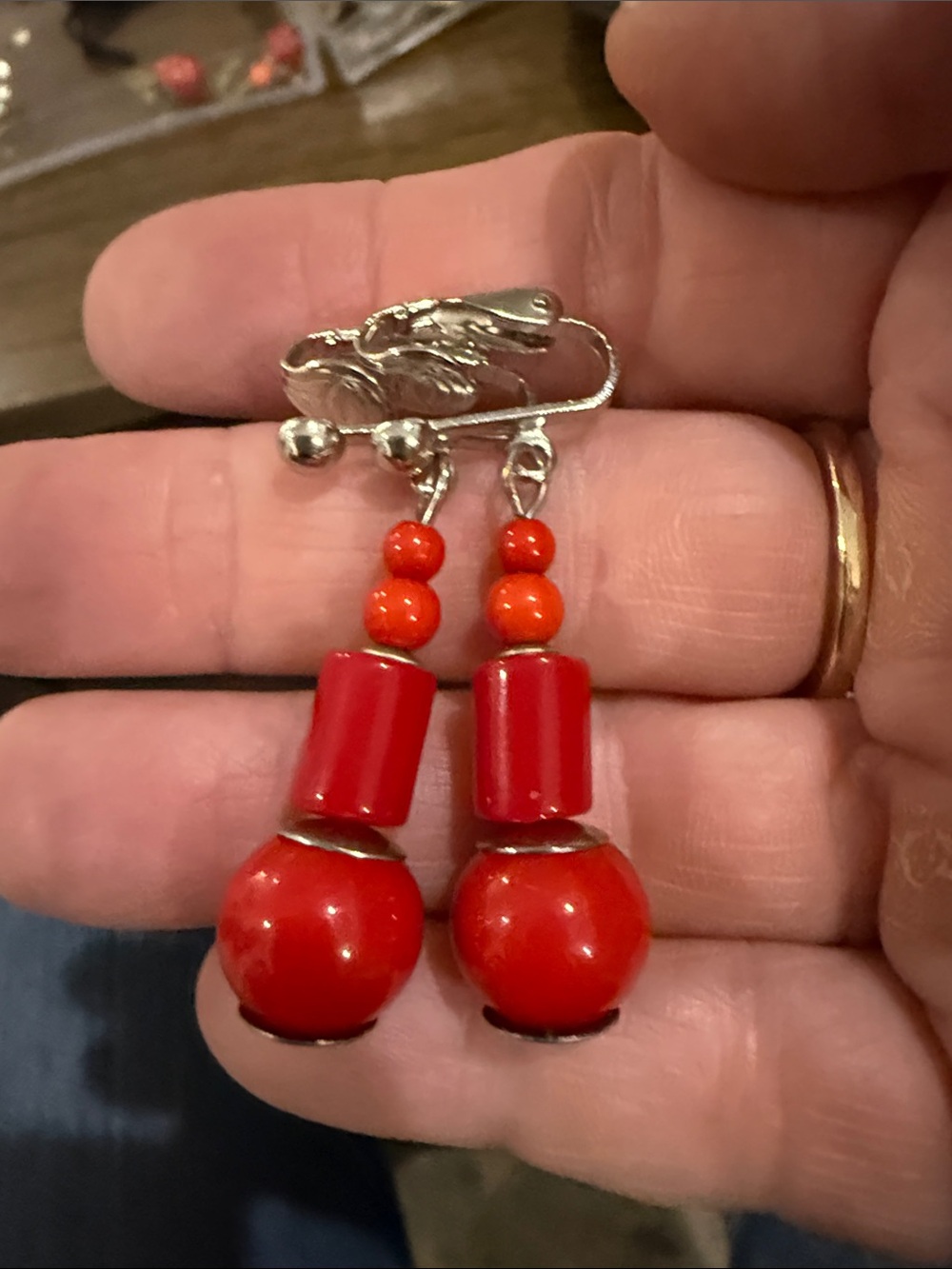 Red Bead Drop Clip-On Earrings - Unbranded